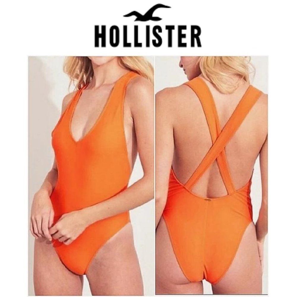 Hollister high cut lrg/cross back Orange bathing suit one piece size small